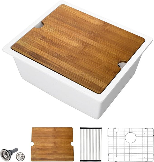 Dcolora 21 In. White Granite Composite Small Kitchen Sink, Single Bowl Workstation Undermount Prep Sink, Quartz Bar Sink, 21"x18"x9.65" #DC-GBUS25471