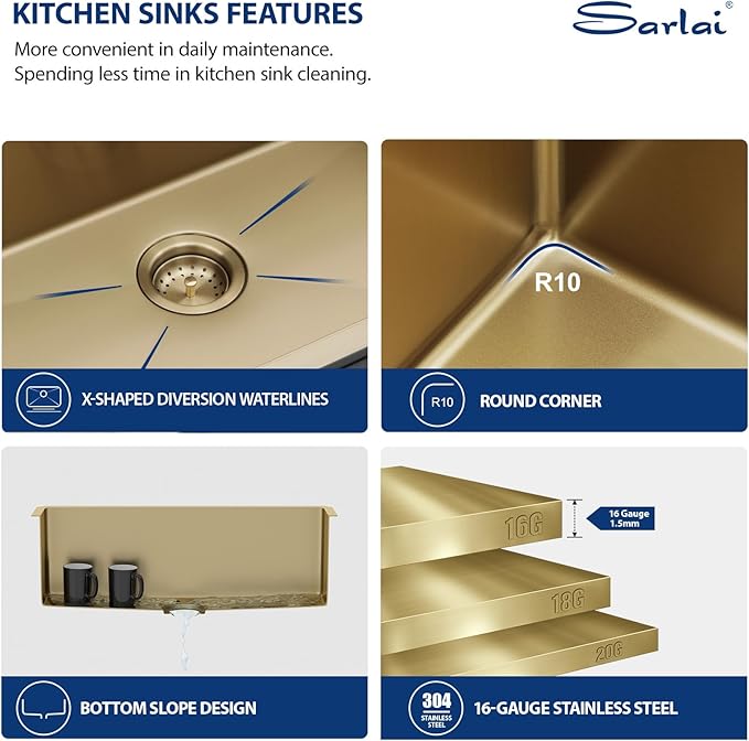 Sarlai Gold Undermount Kitchen Sink - 28 Inch Kitchen Sink Undermount Gold Stainless Steel Single Bowl 28" x 19" Under-Mount 16 Gauge Sinks Under Counter Round Corner Basin