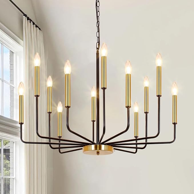 Black and Gold Chandelier for Dining Room, 12-Light Farmhouse Dining Room Light Fixture, Candle Chandelier Light Fixtures, Modern Chandeliers for Living Room Kitchen Foyer Staircase