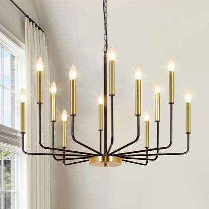 Black and Gold Chandelier for Dining Room, 12-Light Farmhouse Dining Room Light Fixture, Candle Chandelier Light Fixtures, Modern Chandeliers for Living Room Kitchen Foyer Staircase