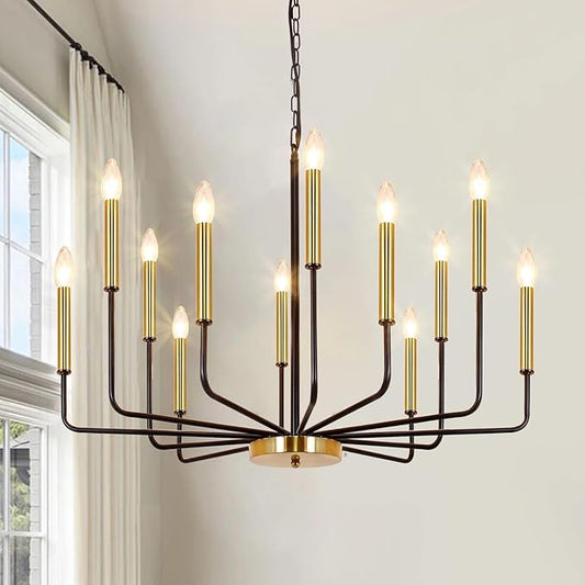 Black and Gold Chandelier for Dining Room, 12-Light Farmhouse Dining Room Light Fixture, Candle Chandelier Light Fixtures, Modern Chandeliers for Living Room Kitchen Foyer Staircase