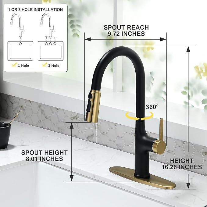 Kitchen Faucets, Black and Gold Kitchen Faucet with Pull Down Sprayer, High Arc Stainless Steel Kitchen Sink Faucet, Modern Brass Kitchen Faucet 1 or 3 Hole, Brushed Gold/Matte Black