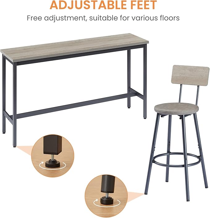 KEIKI Long Bar Table Set with 3 PU Upholstered Bar Stools, Industrial Counter Height Dining Table and Chair Sets for Kitchen, Living Room, Small Space, Grey