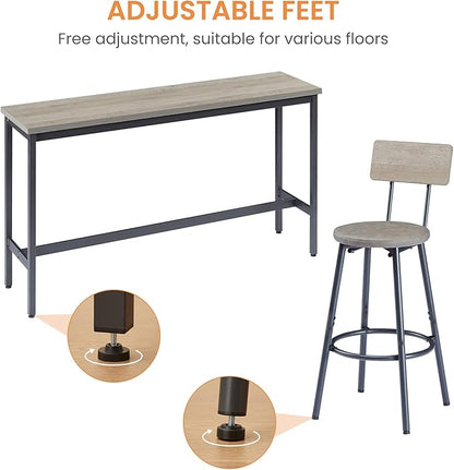 KEIKI Long Bar Table Set with 3 PU Upholstered Bar Stools, Industrial Counter Height Dining Table and Chair Sets for Kitchen, Living Room, Small Space, Grey