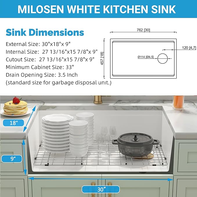 MILOSEN White Undermount Kitchen Sink, 30×18 Inch Workstation Ledge Under Counter Single Bowl Basin with Offset Drain, Granite Composite Quartz Material, Large Deep Sinks With Accessories