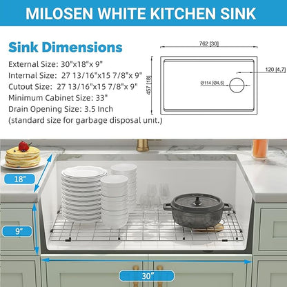 MILOSEN White Undermount Kitchen Sink, 30×18 Inch Workstation Ledge Under Counter Single Bowl Basin with Offset Drain, Granite Composite Quartz Material, Large Deep Sinks With Accessories