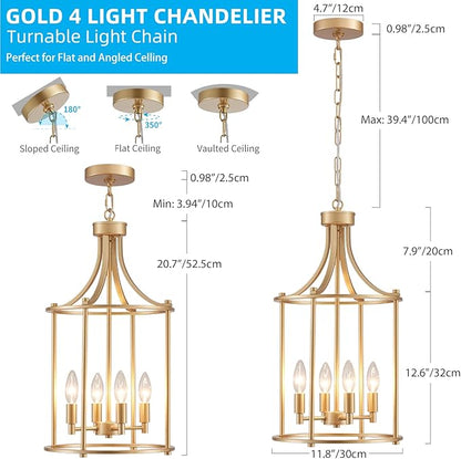 XINGQI Gold Chandeliers for Dining Room,4 Light Hanging Lantern Pendant Light Fixture Metal Farmhouse Geometric Chandelier Cage Pendant for Kitchen Island Entryway Living Room