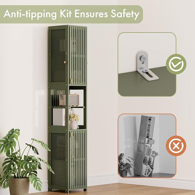 Amazer 70'' Tall Bathroom Storage Cabinet Bamboo, Slim Storage Cabinet with Rattan Door and Adjustable Shelves, Narrow Freestanding Organizer for Living Room Kitchen, Forest Green