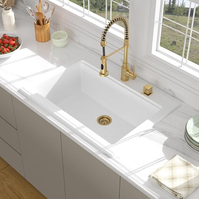 30 Granite Composite Kitchen Sink - Beslend 30x22 Drop In White Kitchen Sink, Topmount Granite Luxury Above Counter Worksation White Sinks Easy Clean Quartz Dish Basin for Kitchen Remodel