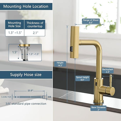 GIMILI Gold Touchless Kitchen Faucet with Pull Down Sprayer, 15” Hight Single Hole Handle Kitchen Sink Faucets