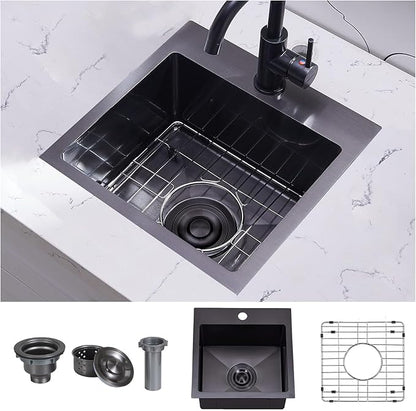 VAPSINT 15x15 Inch Black Drop In Bar Sink, Single Bowl Top Mount Handmade Gunmetal Black Wet Bar Prep RV Sink, 16 Guage Stainless Steel Outdoor Small Kitchen Sinks with Grid & Drain Strainer