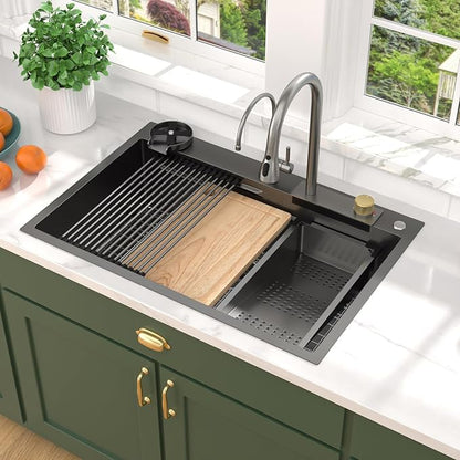 33x22 Gunmetal Black Drop In Kitchen Sink with Faucet, Waterfall Feature & Cup Washer, 16 Gauge 304 Stainless Steel, Workstation Accessories 3-Hole Sink for Residential Kitchen #TLWF-0001