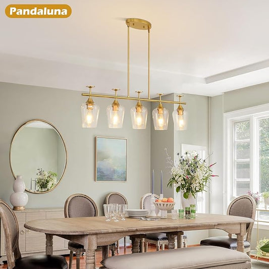 5-Light Dining Room Light Fixture 35.4in Gold Kitchen Island Lighting Fixtures Pendant Lights Linear Chandelier Ceiling Hanging Modern Kitchen Chandeliers Over Table with Clear Glass Shades