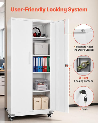 VEVOR Metal Storage Cabinet, 72.6 in Rolling Steel Garage Cabinet with 4 Adjustable Shelves, 2 Magnetic Doors & 2 Keys, 5 Tiers Lockable Tool Storage for Pantry, Warehouse, Basement, Office, White