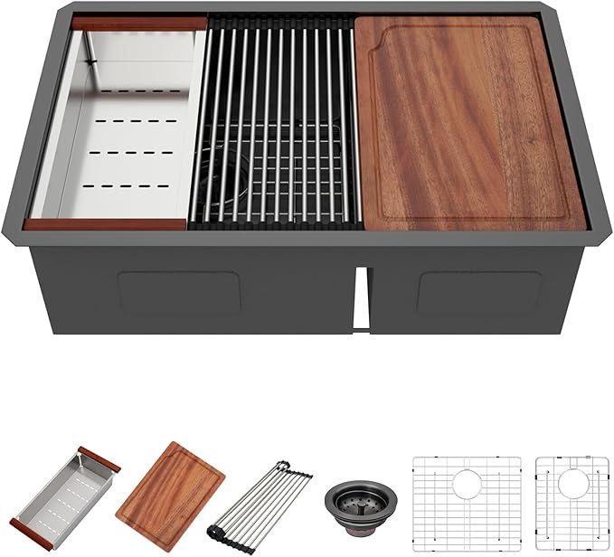 30 Black Undermount Kitchen Sink - 30x19 Gunmetal Black Double Bowl Kitchen Sinks Workstation 16 Gauge Stainless Steel Sink Low Divide Double Basin 60/40