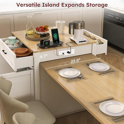 Rovibek Kitchen Island Expandable Table with Storage for 2-6 Person, Kitchen Islands with 2 Drawers, 2 Side Open Shelves and Built-in Power Outlet, Faux Marble Top Kitchen Island Table White