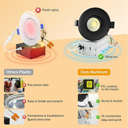 Sublimation Black 8 Packs 3 Inch 3CCT Gimbal Led Recessed Light with Junction Box 10w,Waterproof recessed Lights for Shower,Black recessed Lights,3 Colors Adjustable