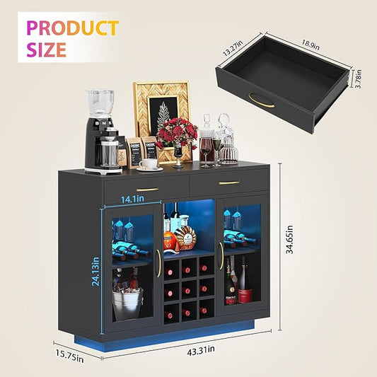 knoworld Wine Bar Cabinet with LED Lights, Coffee Bar Cabinet with Wine and Glass Rack, Black Bar Cabinet Liquor Cabinet, Kitchen Buffet Sideboard with Storage for Living Room, Dining Room