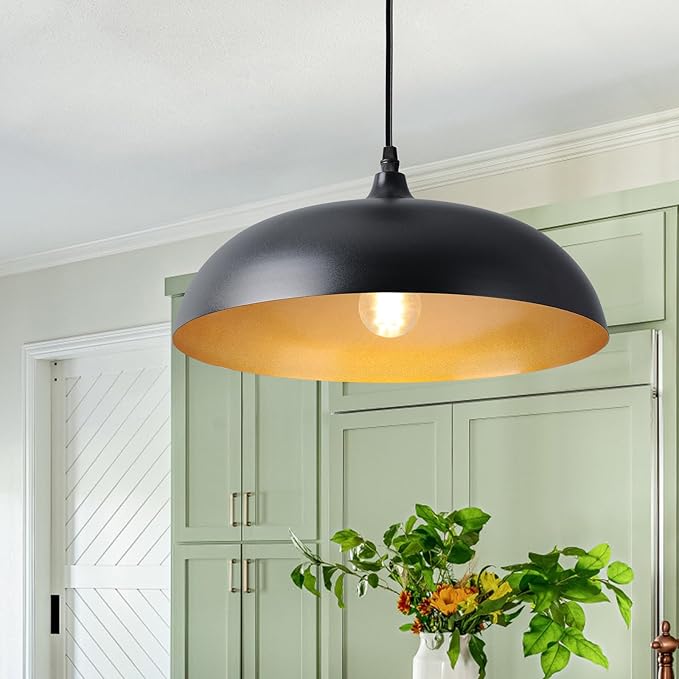 Eustace Ceiling Mounted 14 inch Round Dome Modern Farmhouse Style Chandelier, Matte Black Metal Pendant Light Fixture,Kitchen Island, Dining Room,Bedroom, Hallway
