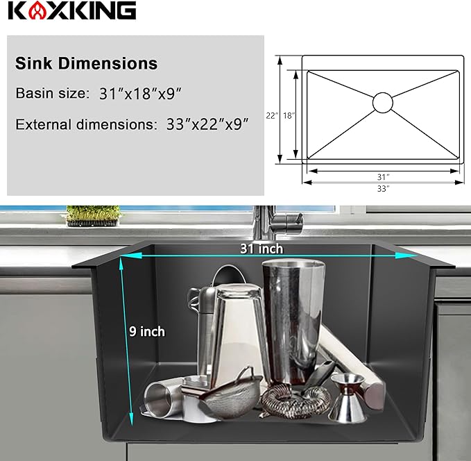 33x22x9 Inch Drop In Deep Single Bowl Kitchen Sink (Topmount), 16 Gauge SUS304 Stainless Steel Black Modern Handmade Sink