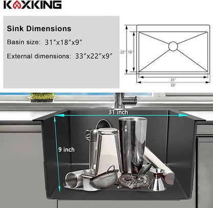 33x22x9 Inch Drop In Deep Single Bowl Kitchen Sink (Topmount), 16 Gauge SUS304 Stainless Steel Black Modern Handmade Sink