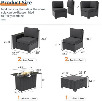 UDPATIO 6 Piece Patio Furniture Set, Outdoor Wicker Sectional Sofa with 8'' Wide Armrests, Modular Patio Conversation Set with Coffee Table for Backyard, Deck, Garden