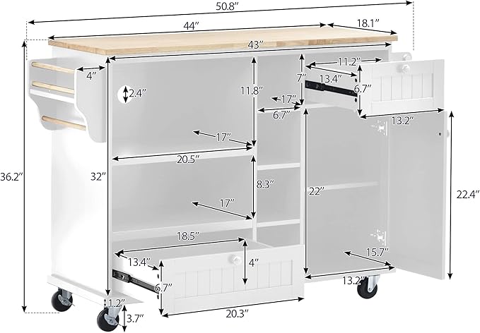 Kitchen Island Cart with Storage Cabinet and Two Locking Wheels, Microwave Cabinet, Solid Wood Desktop, Floor Standing Buffet Server Sideboard for Kitchen Room, Dining Room, Bathroom (White-JZP1)