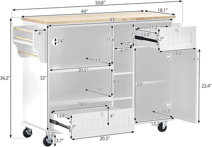 Kitchen Island Cart with Storage Cabinet and Two Locking Wheels, Microwave Cabinet, Solid Wood Desktop, Floor Standing Buffet Server Sideboard for Kitchen Room, Dining Room, Bathroom (White-JZP1)