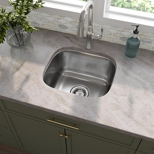 MSI 16 Inch Undermount Single Bowl 18 Gauge Stainless Steel Kitchen Bar Sink and Strainer