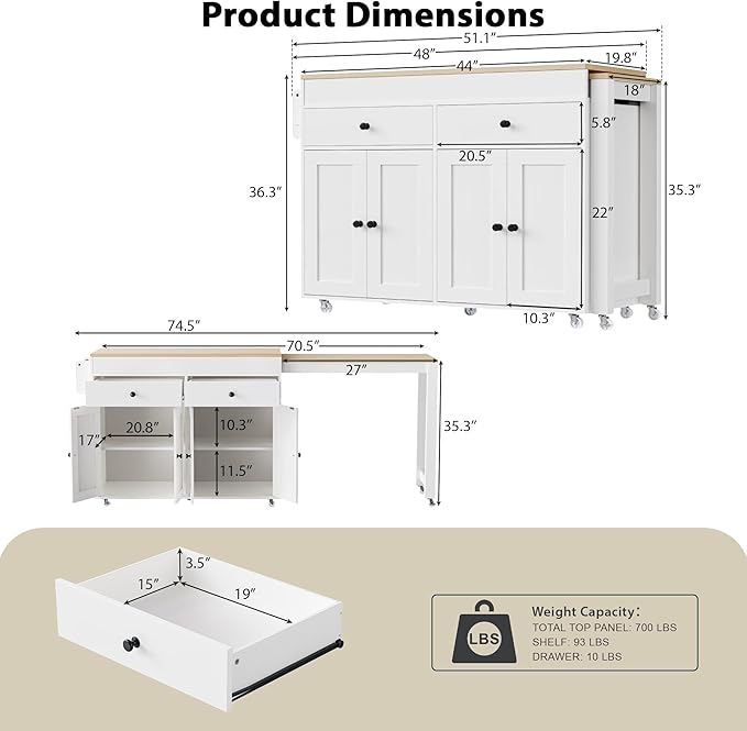 74.5 Inch Kitchen Island with Extendable Dining Table, Rolling on Wheels, Spice Rack, 2 Drawers, 4 Door Cabinet(White)