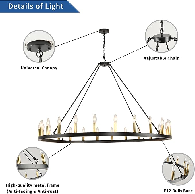 24-Lights 54" Extra Large Wagon Wheel Chandelier Farmhouse, Black and Gold Chandelier for High Ceilings, Rustic Chandeliers for Dining Room, Kitchen Island, Living Room, Foyer, Entryway