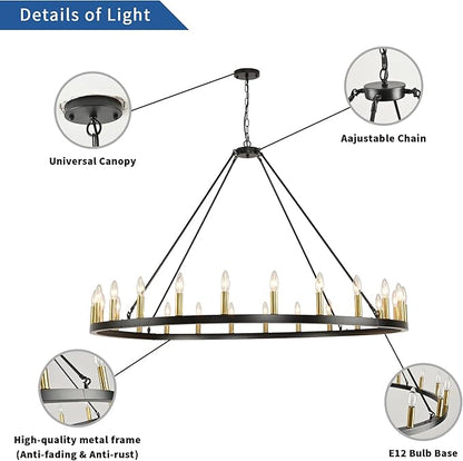 24-Lights 54" Extra Large Wagon Wheel Chandelier Farmhouse, Black and Gold Chandelier for High Ceilings, Rustic Chandeliers for Dining Room, Kitchen Island, Living Room, Foyer, Entryway