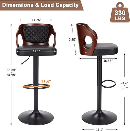 VECELO Swivel Bar Stools Set of 4,Counter Height Stools with Bentwood Back,Armrest&Footrest,Adjustable PU Leather Bar Chairs for Kitchen Island,Coffee Shop and Salon,Black,Quilted Elegance