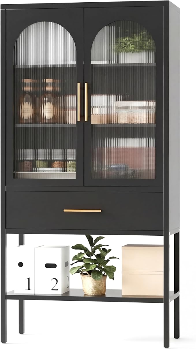 ALBAD 63 Inch Tall Metal Pantry/Display/Storage Cabinet with Fluted Glass Doors and Drawer & Adjustable Shelf for Modern Home Office Living Room Kitchen Black