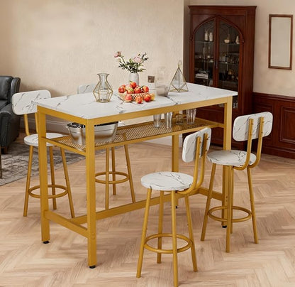 5 Piece Bar Table Set with 4 Stool Modern Bar Height with Storage Shelves Faux Marble Table Top with Gold Metal Frame Bar Table Set for Kitchen Dining Room Small Space