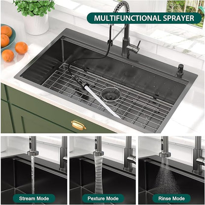 36 Inch Drop In Kitchen Sink with Faucet Combo - 36x22 Workstation All-In One Drop In Gunmetal Black NANO-PVD 16 Gauge Stainless Steel Kitchen Sink Topmount Single Bowl Large Sinks #TLT-0025