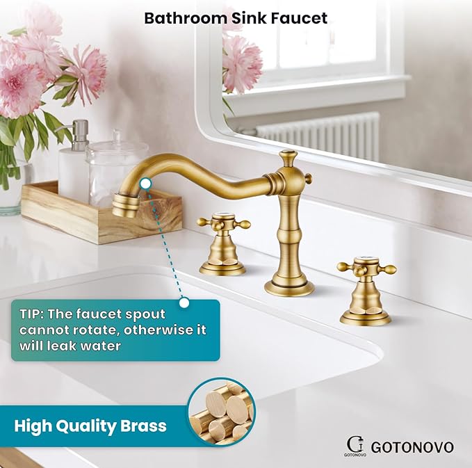 gotonovo Bathroom Faucet 3 Hole 8 Inch Widespread Bathroom Sink Faucet 2 Cross Handles Vintage Lavatory Vanity Mixer Tap with Pop Up Drain, Round Font Label, Antique Brass