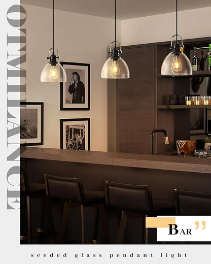 Black Pendant Lights Kitchen Island 2 Pack, 7.5" Seeded Glass Pendant Lights, Vintage Industrial Pendant Light Kitchen Island, Farmhouse Pendant Lighting for Kitchen, Dining Room, Bar, Cafe