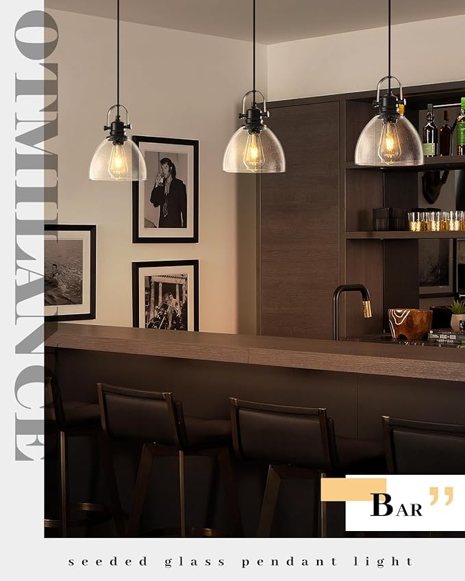 7.5" Seeded Glass Pendant Light 1 Pack, Vintage Hanging Kitchen Lights, Black Glass Pendant Lighting for Kitchen Island, Dining Room, Bar, Cafe