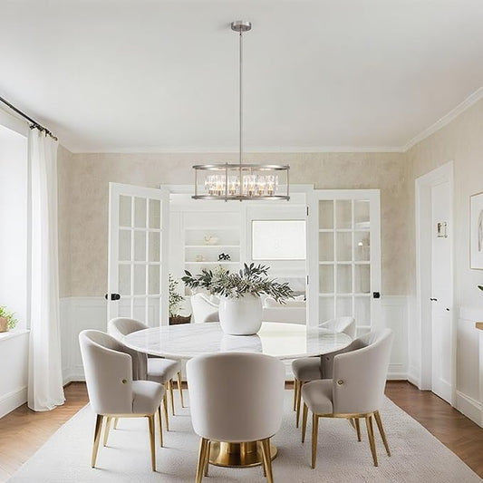 21.7“ Brushed Nickel Chandeliers for Dining Room Over Table Round 6-Light Farmhouse Pendant Lighting Fixtures Drum Ceiling Lights for Living Room Bedroom Home Office