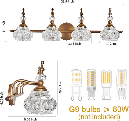 Vintage Vanity Light Fixtures, 4-Light Bathroom Lighting with Crystal Glass Lampshade, Matte Brushed Antique Brass Finish, Vanity Lights for Bathroom Bedroom Hallway