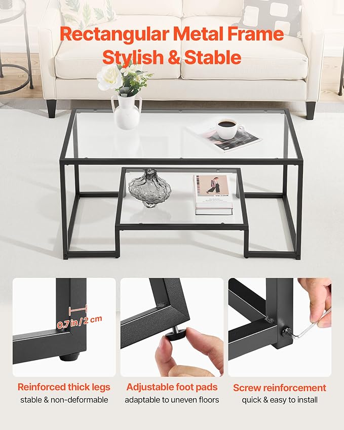 VEVOR Glass Coffee Table, Modern Glass Coffee Table, 2 Tiers Rectangle Glass Center Desk with Open Storage, Minimalist Sturdy Metal Frame Accent End Desk for Living Room, Office, Easy Assembly