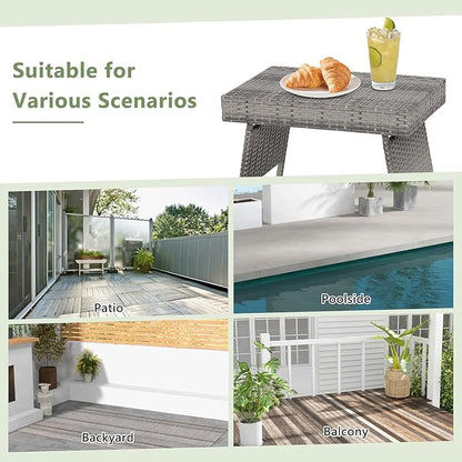 ReunionG Outdoor Patio Wicker Table, Portable Folding Table with Rattan and Steel Frame, Leisure Coffee Table, All Weather Standing Side Table for Lawn Garden, Courtyard, Poolside (Grey)