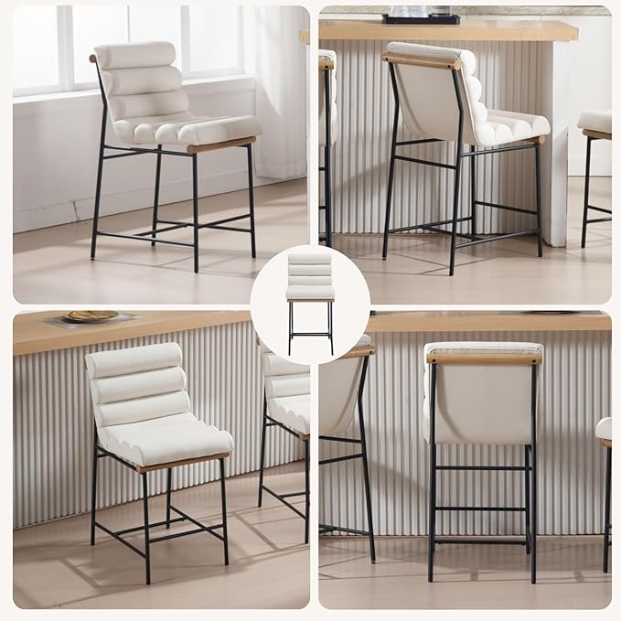 Modern Upholstered Pu Leather Bar stools Set of 2, 25” Kitchen Island Counter stools with Black Metal Legs Armless Counter Height Chairs with Channel Tufted Back for Home Pub
