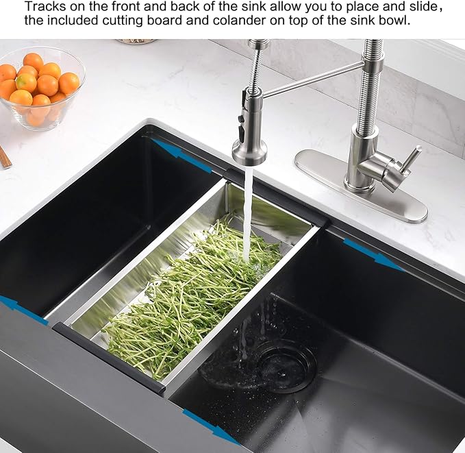33 Inch Black Farmhouse Kitchen Sink Workstation - VOKIM 33x22 inch Flat Apron Front Farmhouse sink 16 Gauge Stainless Steel Single Bowl Farm Kitchen Sink