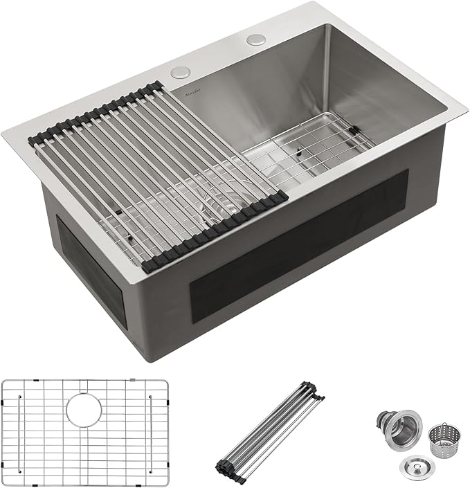 Mocoloo 28 Inch Drop In Kitchen Sink - 28 x 18 Stainless Steel Kitchen Sinks Topmount 16 Gauge Single Bowl Above Counter Handmade Sink, 10'' Deep Basin
