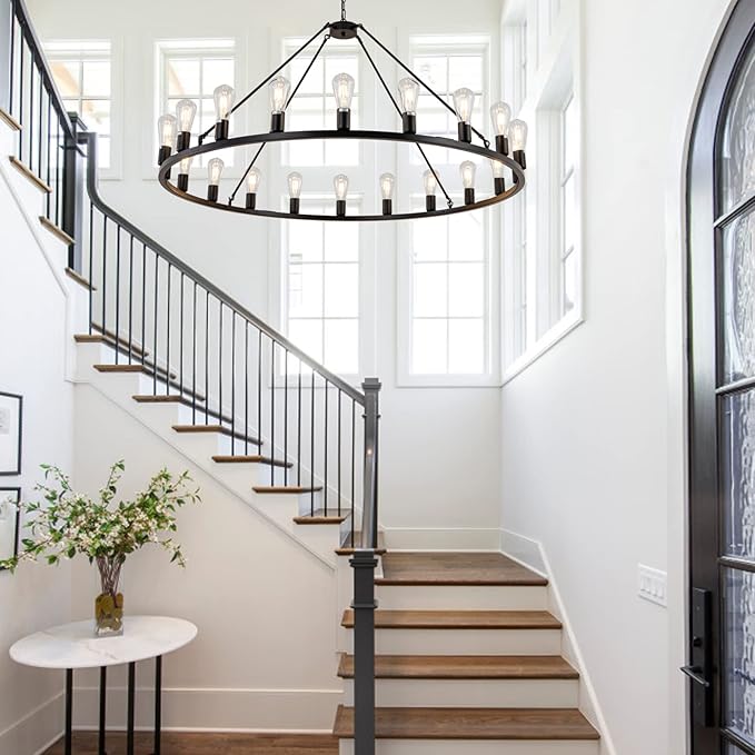 Lanhall 48” 20-Light Extra Large Wagon Wheel Chandelier, Round Black Rustic Farmhouse Chandelier Light Fixture for High Ceiling Living Room Dining Room Stairs Foyer- Adjustable Height Metal E26