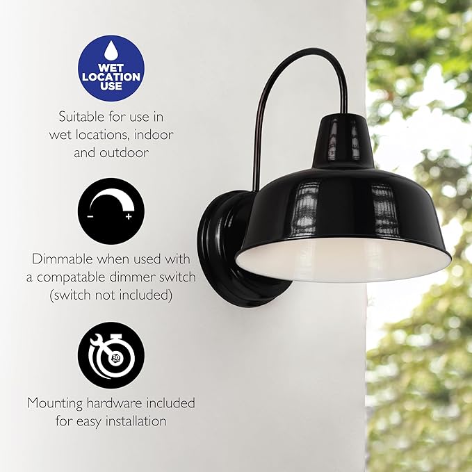 Design House Mason Farmhouse Gooseneck Barn Light, Outdoor Exterior Porch or Patio Wall Light Fixture, Satin Black, 8 Inch Diameter, 1-Pack, 579367