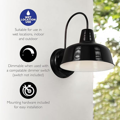 Design House Mason Farmhouse Gooseneck Barn Light, Outdoor Exterior Porch or Patio Wall Light Fixture, Satin Black, 8 Inch Diameter, 1-Pack, 579367