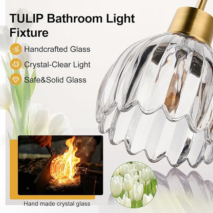 3-Light Bathroom Light Fixtures, 20" Brushed Gold Vanity Lights for Bathroom with Ribbed Clear Tulip Glass Shade, Vintage Wall Vanity Lighting Fixtures Over Mirror for Bathroom Living Room Hallway